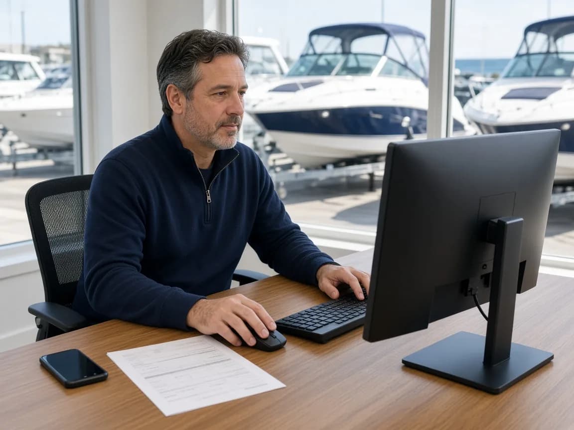 A service writer working at a desktop workstation in a modern marine dealership office