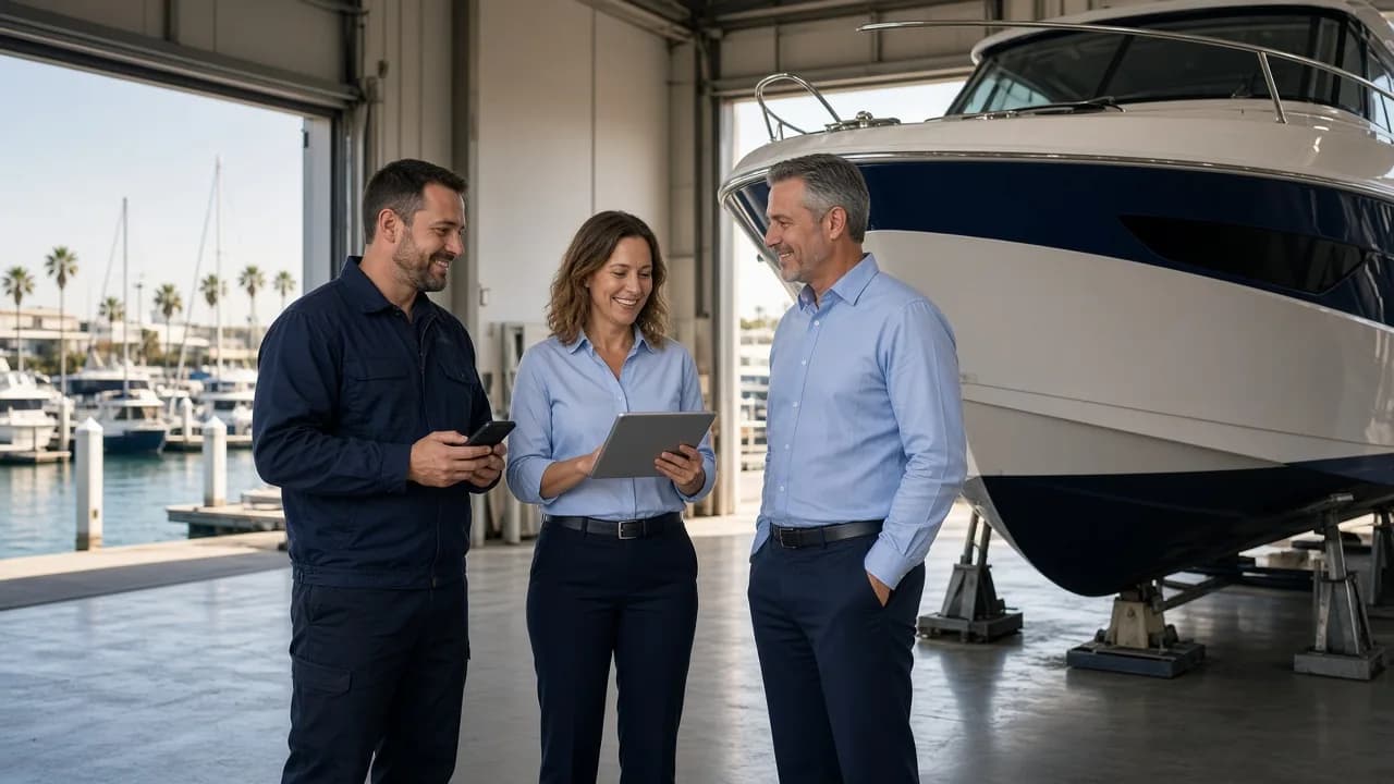 A technician, a service writer and a dealership manager talking beside a boat in a service bay
