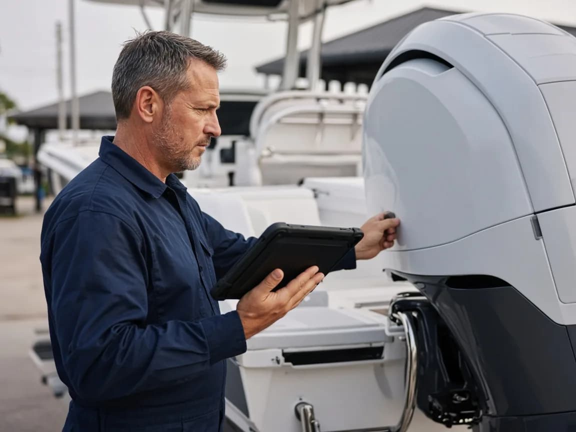 A technician photographing an outboard engine with a tablet during a boat inspection