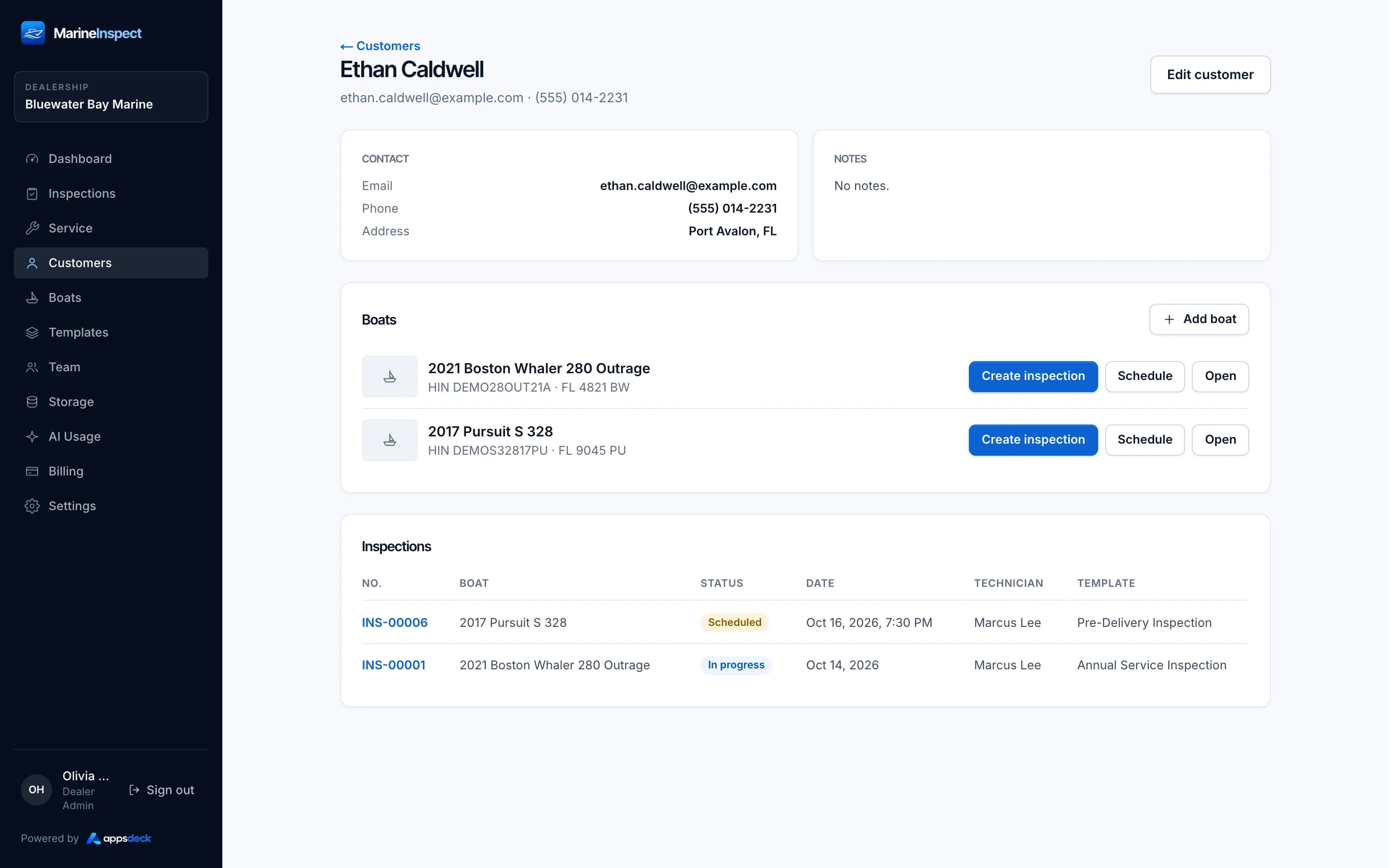 Marine Apps desktop portal: customer and boat records