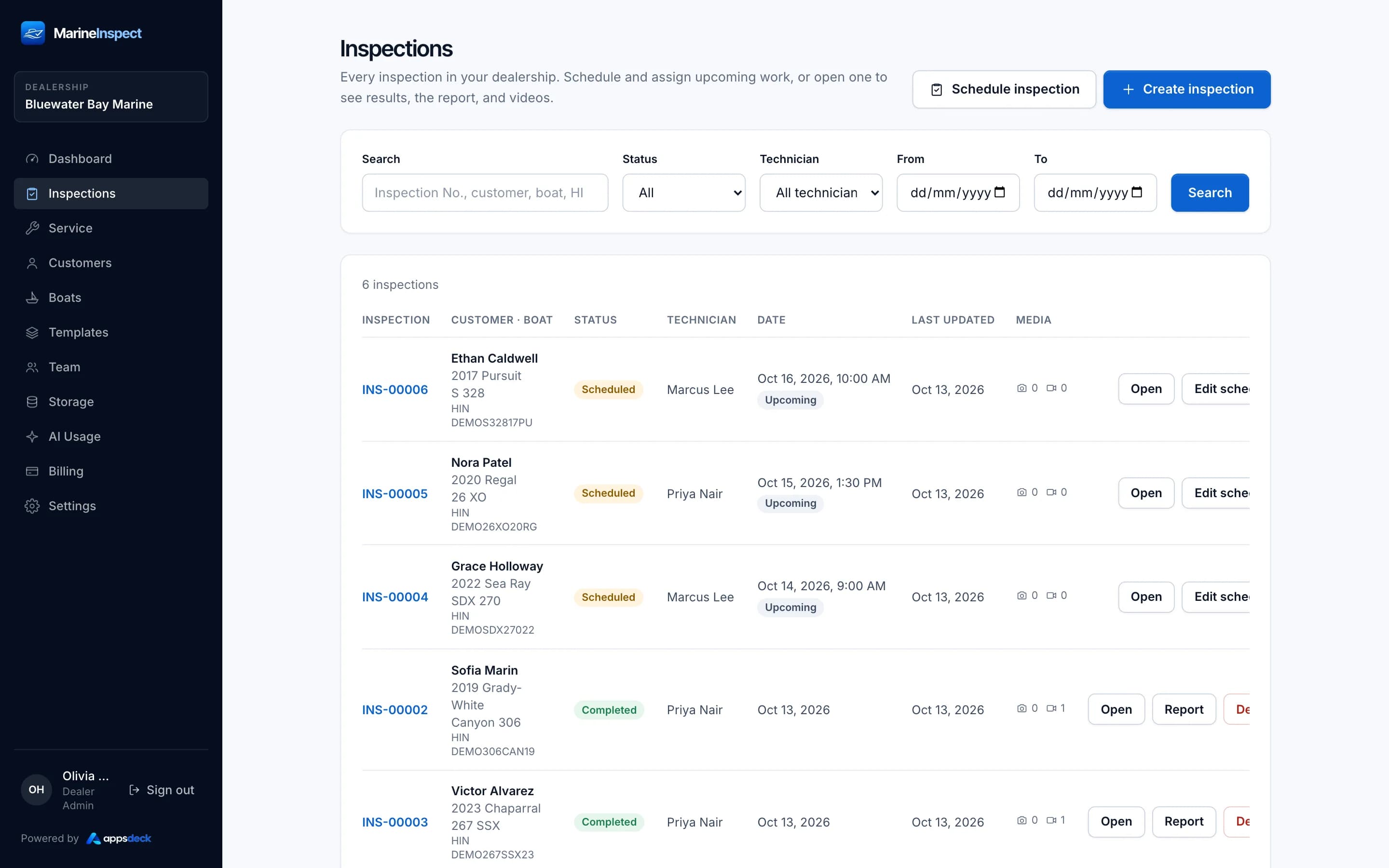 Marine Apps desktop portal: inspection list