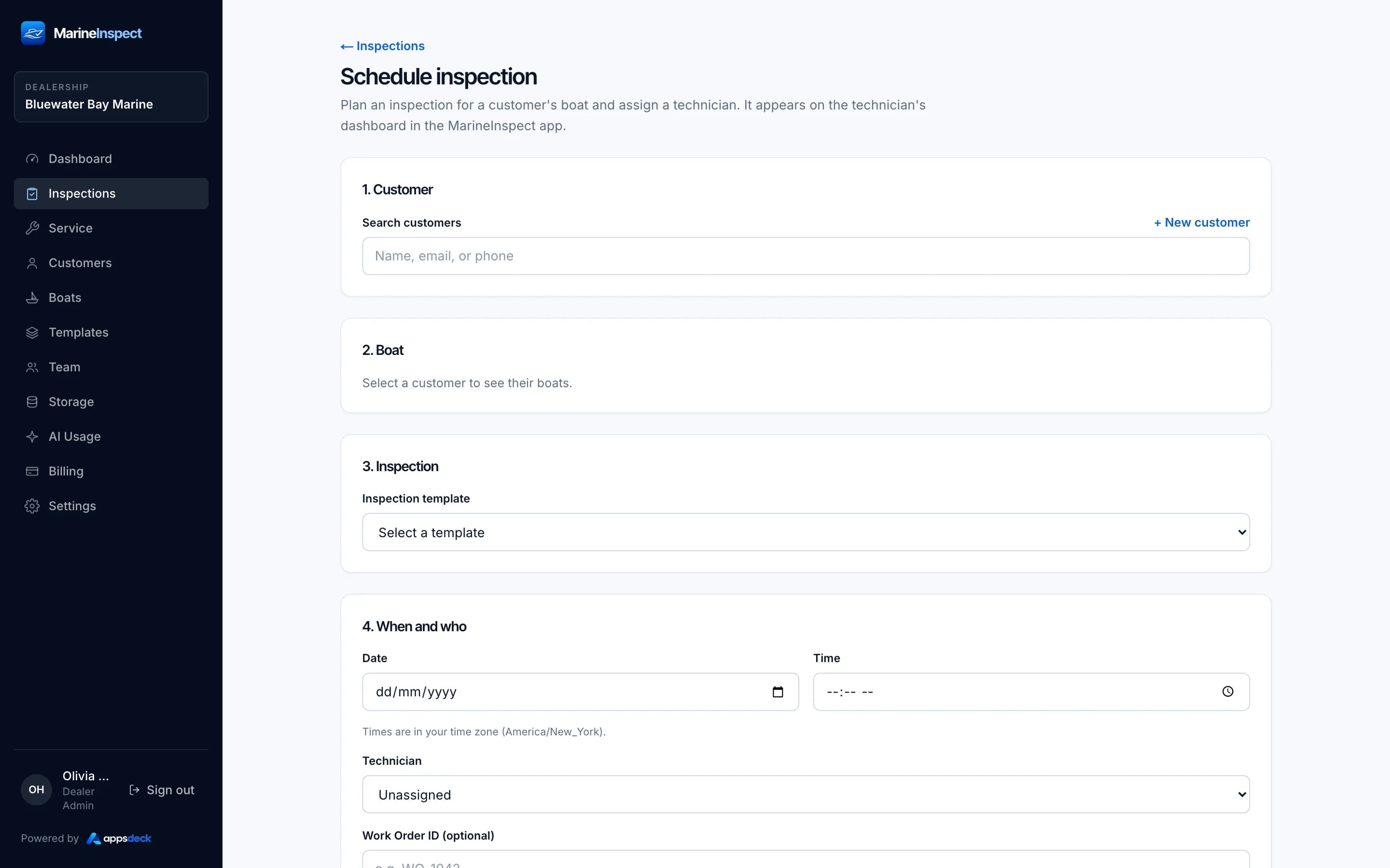Marine Apps desktop portal: inspection scheduling