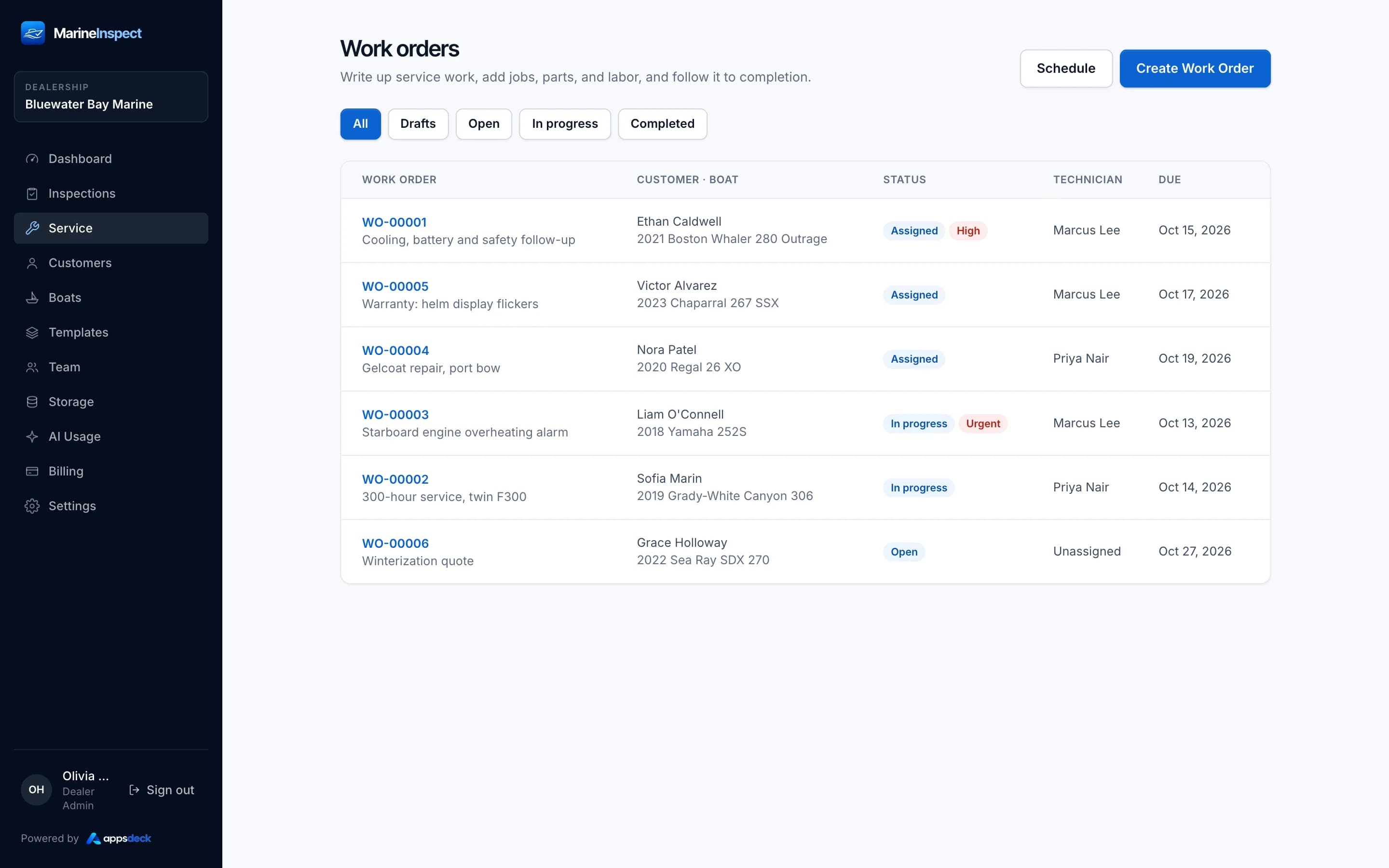 Marine Apps desktop portal: work order list